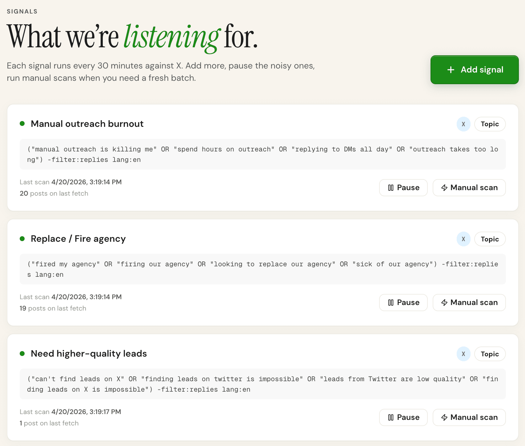 The Monitors list view showing active monitors with their platform, type, query text, and last fetch time