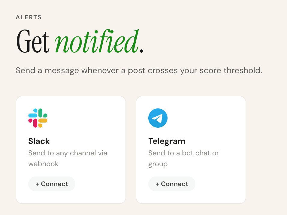 The Alerts page showing one active Telegram channel with its score threshold and a button to add another channel