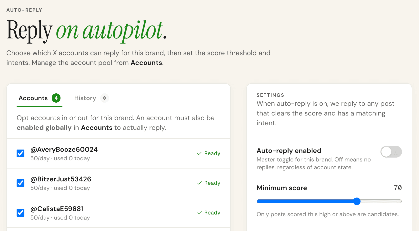 The Auto-Reply configuration panel showing the enabled toggle, minimum score slider, and intent category checkboxes