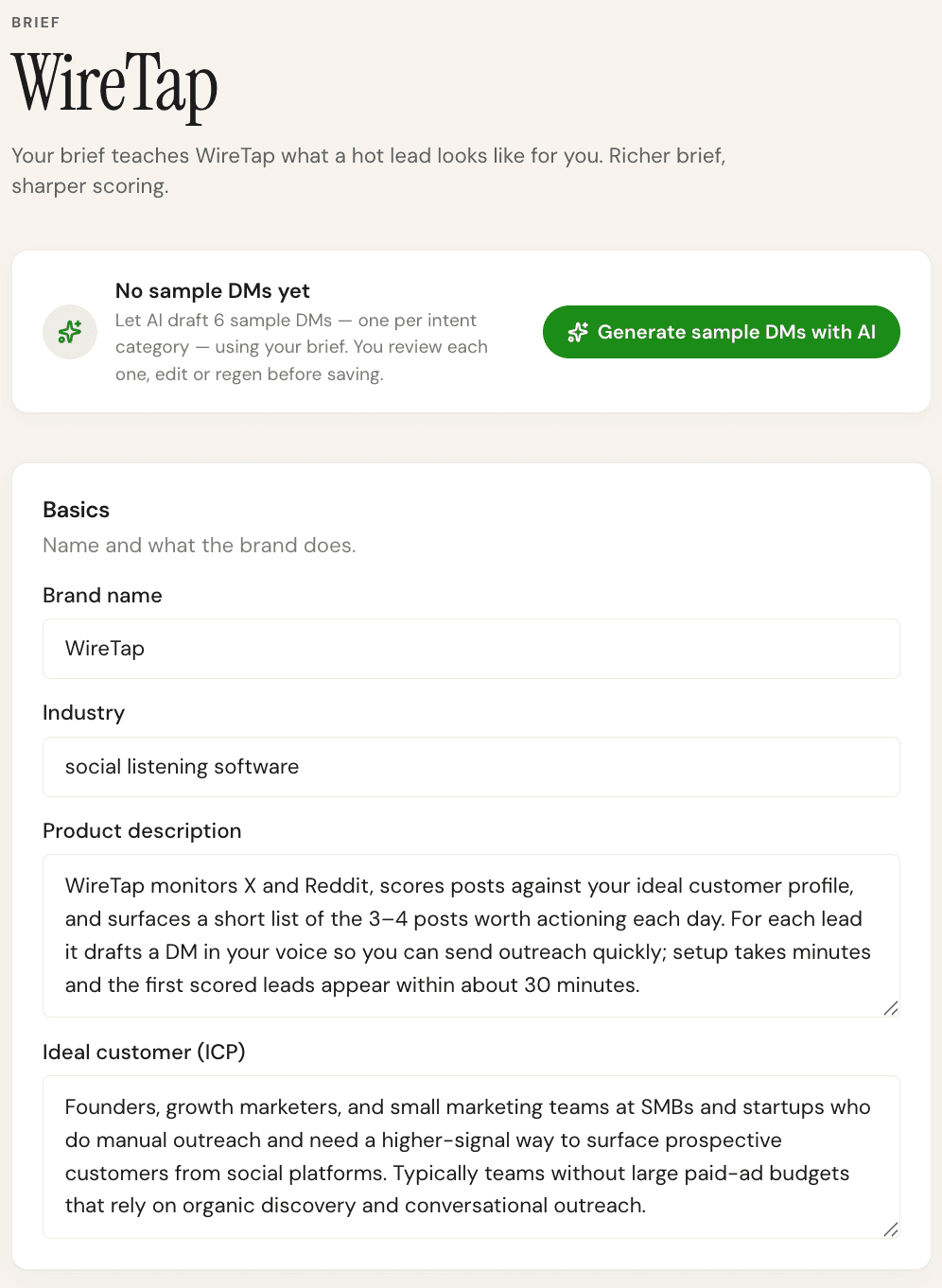 The Brand Brief edit form showing the product description and ICP fields