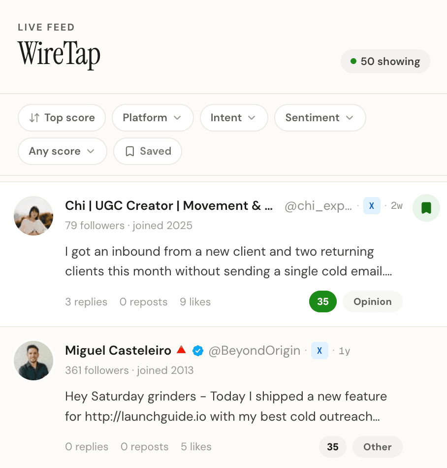 A single feed row with numbered callouts pointing to the relevance score, intent badge, trust level indicator, author handle, post text excerpt, and quick-save button