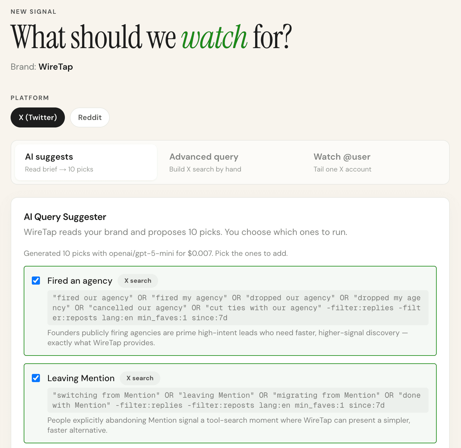 New Monitor form showing the AI suggestion panel with a list of generated queries