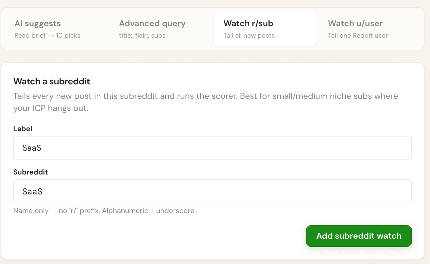 The new Reddit monitor form with the subreddit and topic type options highlighted