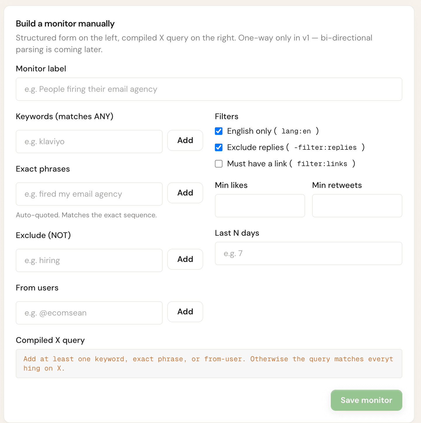 The new X monitor form with a query input field and a preview of recent matching posts